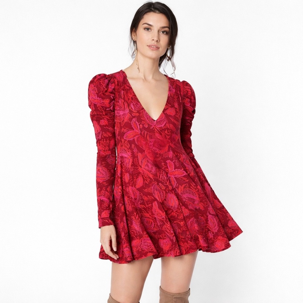 Free People Hello Lover Red Pink Floral Puff Sleeve‎ V-Neck Tunic/Dress Size S